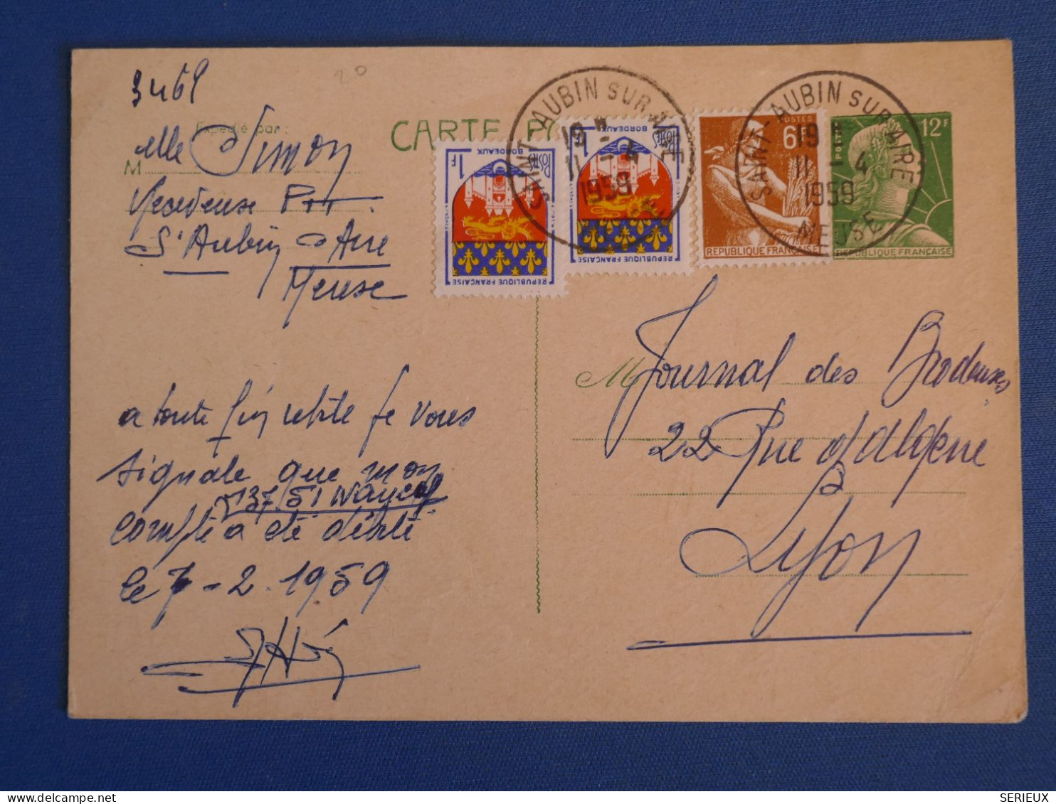 BZ1 FRANCE   BELLE  CARTE  ENTIER 1951 ST AUBIN AIRE A  LYON  + AFF. FLAMBOYANT ++ - Cards/T Return Covers