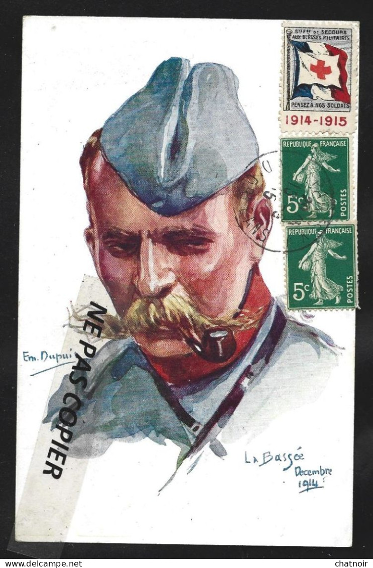 Nos Poilus Soldat   Pipe Moustache LA BASSEE  1914  ERIC DUPUIS Semeuse  Oblit PARIS Vignette "pensez à Nos Soldats" - Military Heritage