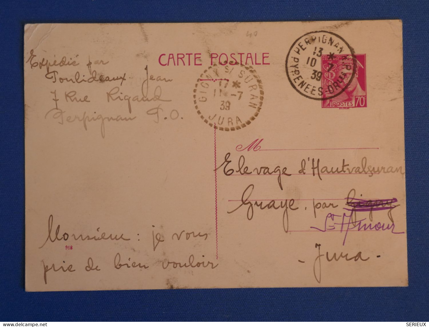 BZ1 FRANCE   BELLE  CARTE  ENTIER MERCURE 1939 PERPIGNAN A  GRAYE  + AFF. INTERESSANT ++ - Karten/Antwortumschläge T