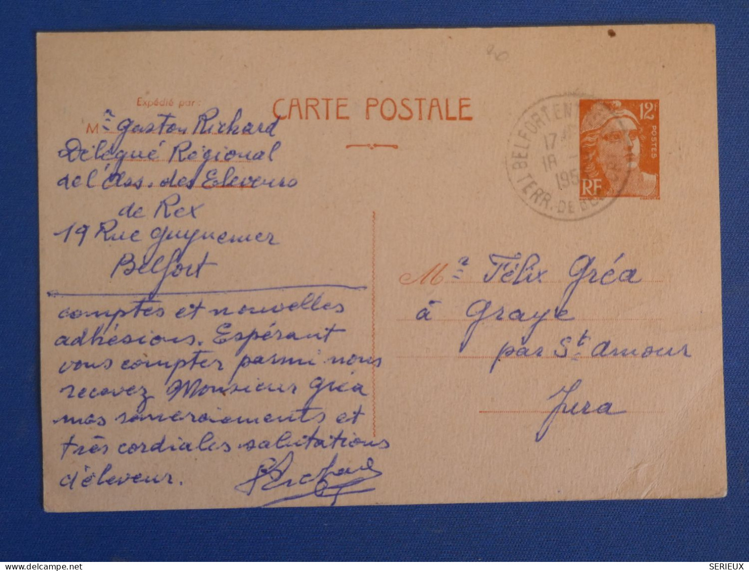 BZ1 FRANCE   BELLE  CARTE  ENTIER GANDON 1955  BELFORT A  GRAYE  + AFF. PLAISANT ++ - Cartes/Enveloppes Réponse T