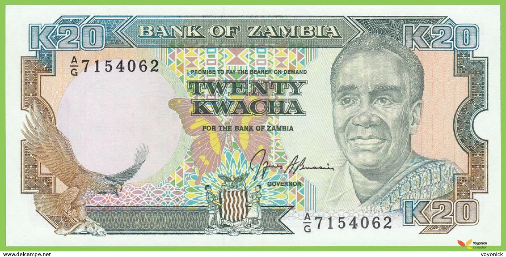 Voyo ZAMBIA 20 Kwacha ND/1989 P32b B133b A/G UNC Fish Eagle - Zambie