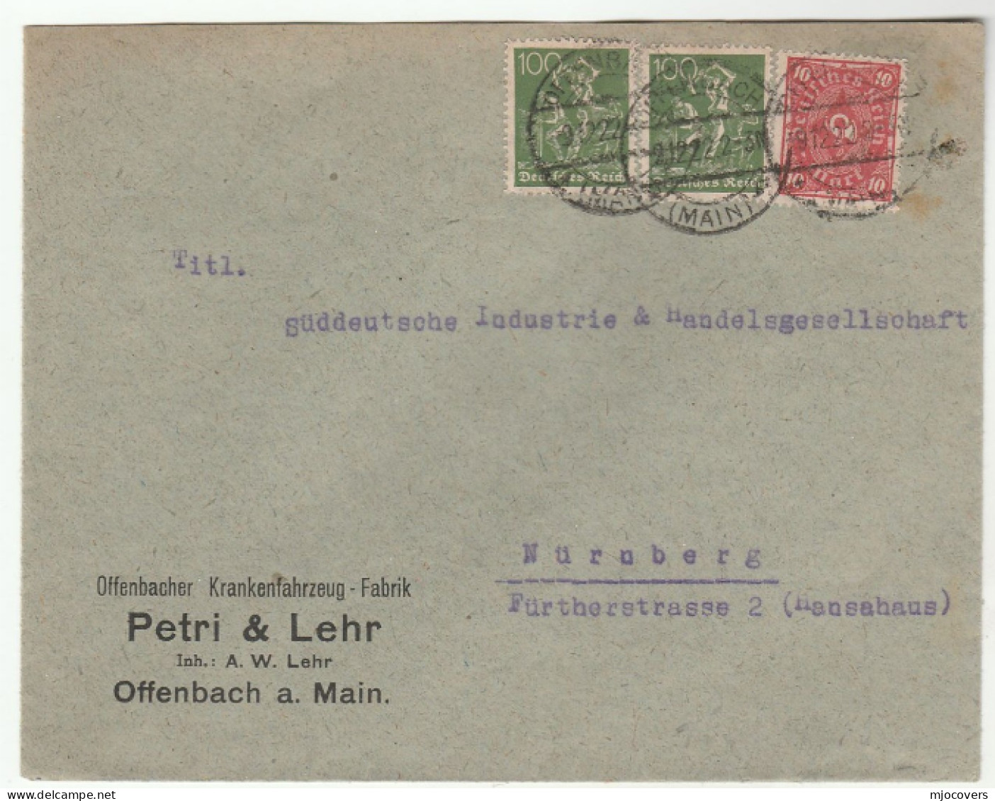 1922 Offenbach AMBULANCE FACTORY COVER Germany Stamps Health Medicine - Secourisme