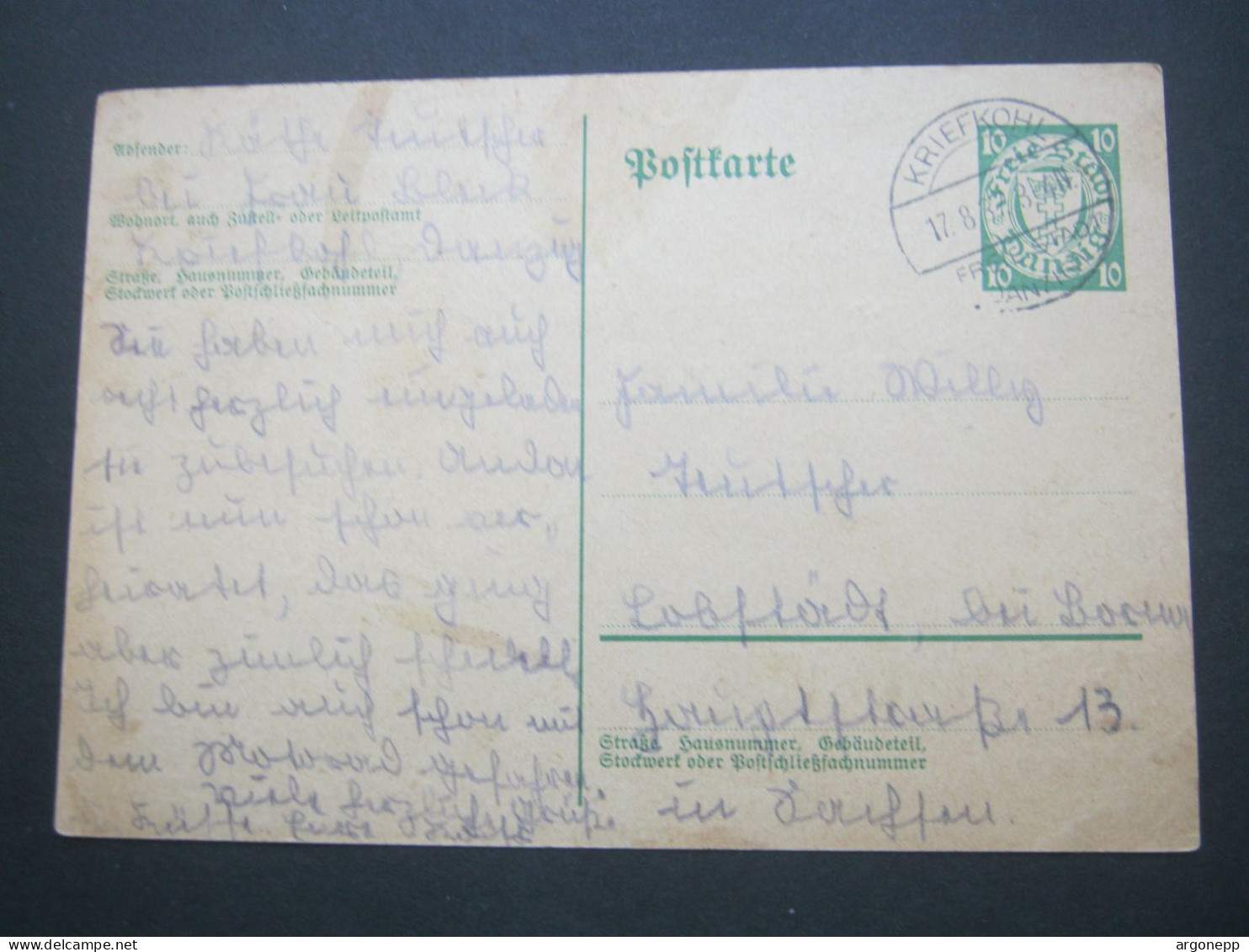 DANZIG , Kriefkohl, Seltener Stempel Recht Klar Auf Ganzsache 1937 - Entiers Postaux