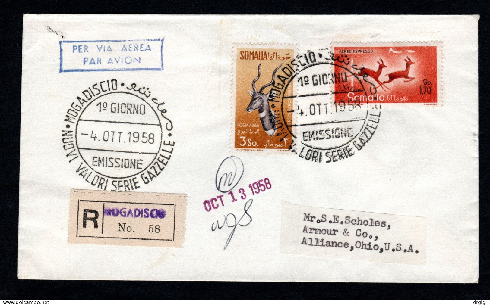 Somalia AFIS 1958, FDC, ANIMALI, ANTILOPI AEREA - Somalia (AFIS)