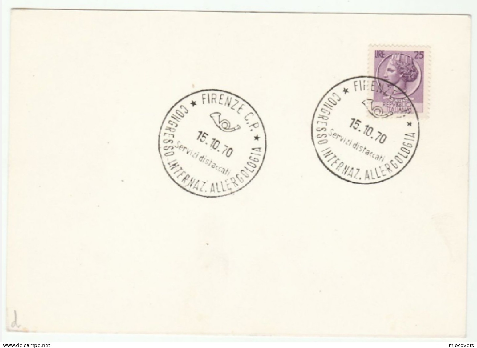 1970 ALLERGOLOGY CONGRESS Cover Firenze ITALY Card Stamps Allergy Medicine Health - Médecine