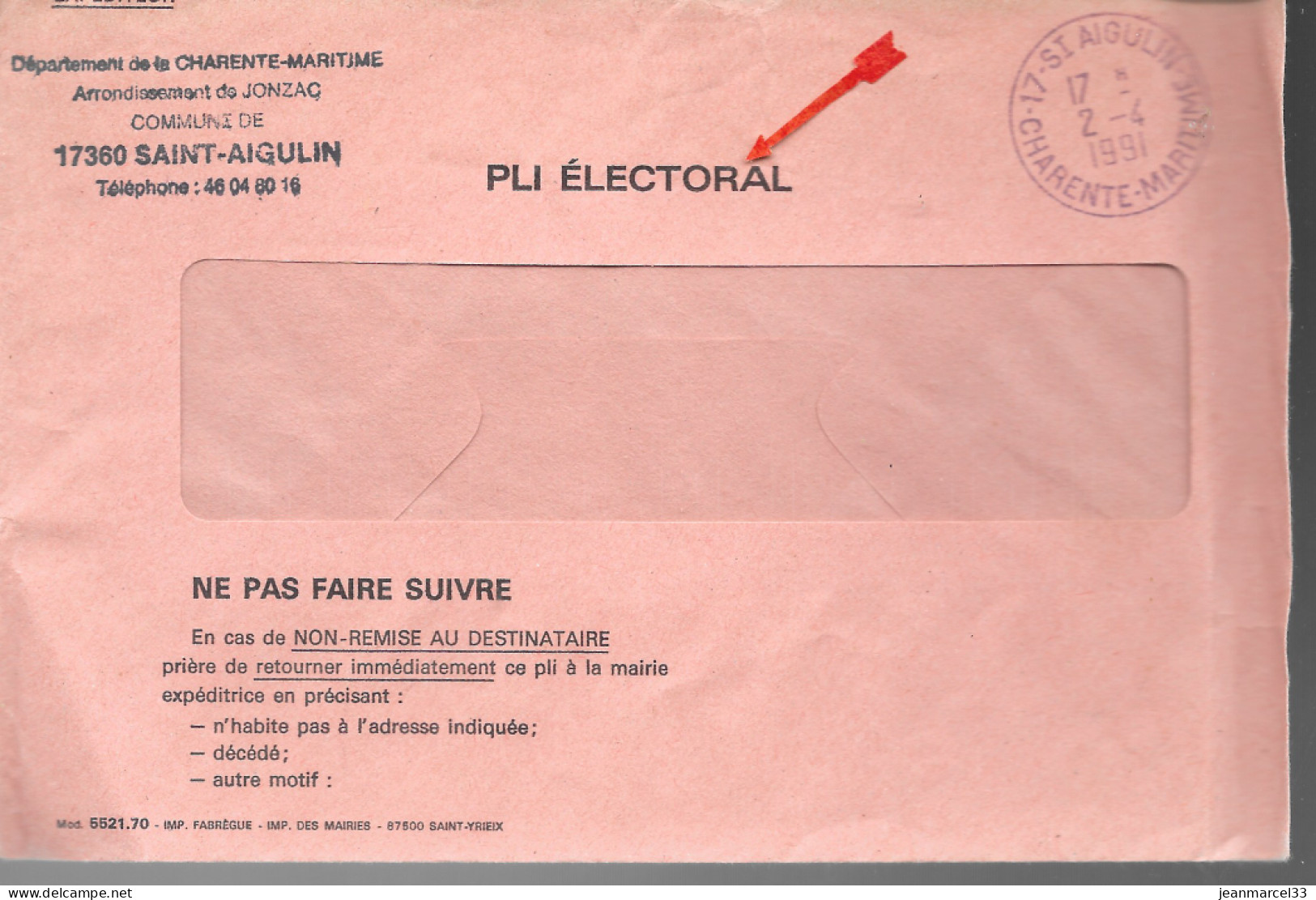Curiosité Sur Lettre Pli électoral Cachet Manuel 17-St Aigulin 2-4 I99I - Covers & Documents