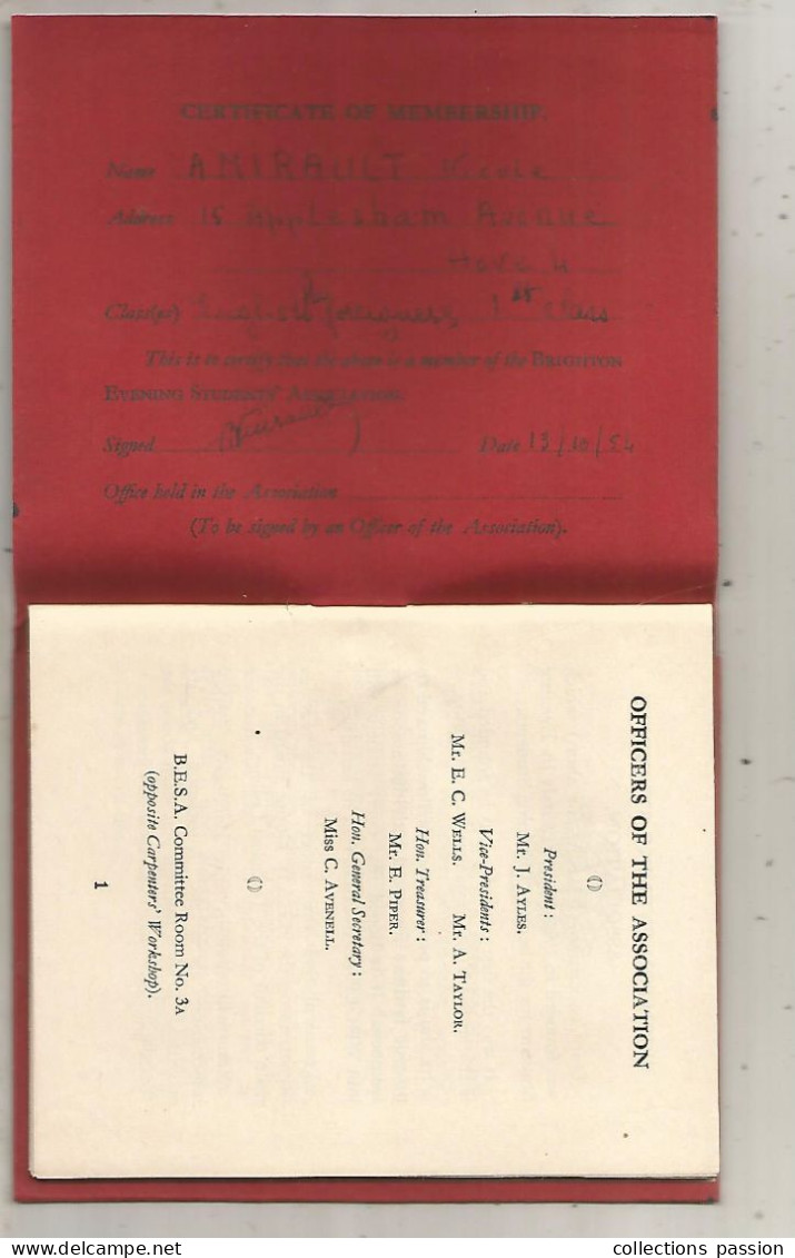 CERTIFICATE OF MEMBERSHIP, 1954, The BRIGHTON Evening Student's Association, 40 Pages, Frais Fr 3.35 E - Membership Cards