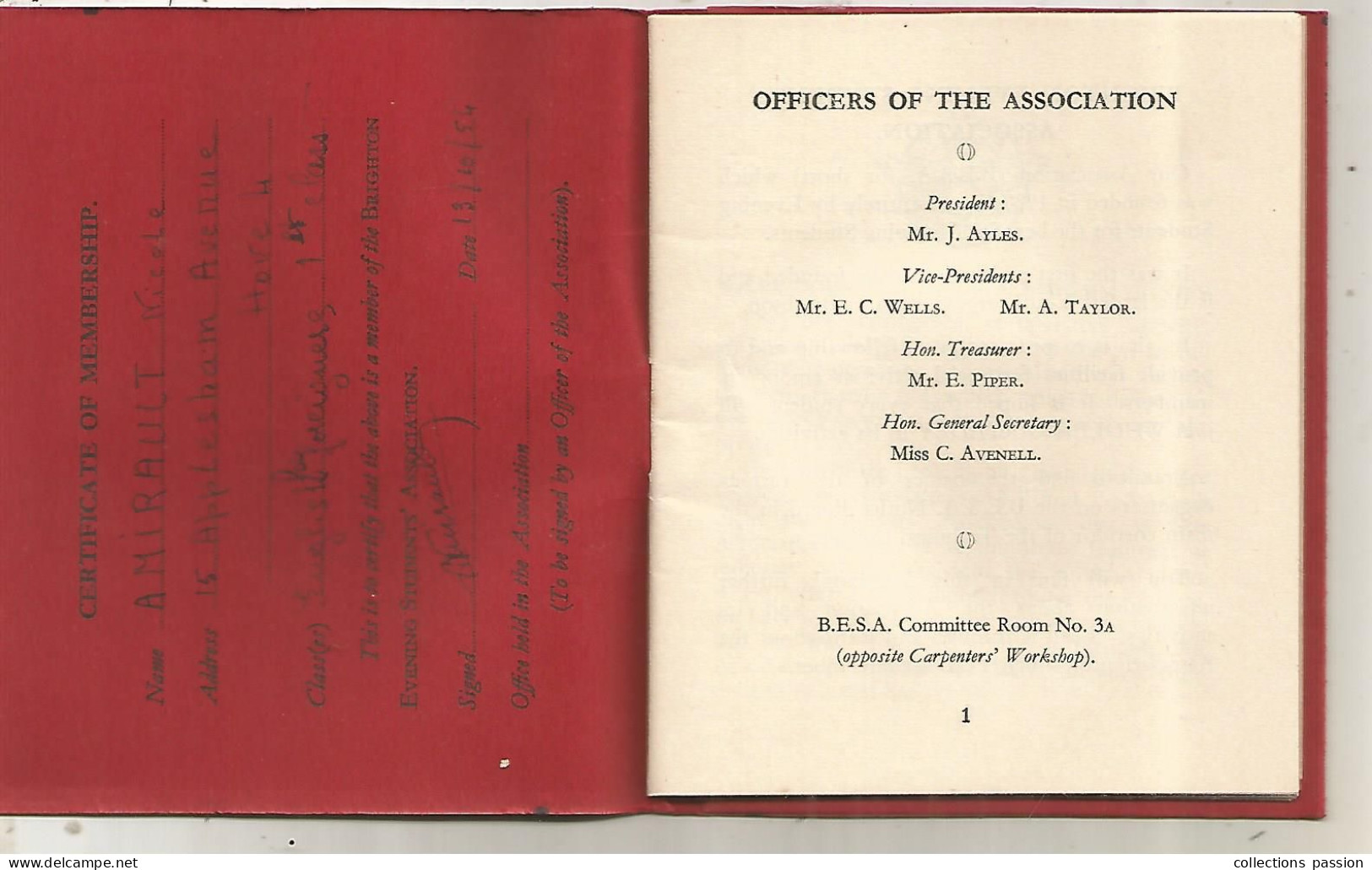 CERTIFICATE OF MEMBERSHIP, 1954, The BRIGHTON Evening Student's Association, 40 Pages, Frais Fr 3.35 E - Membership Cards