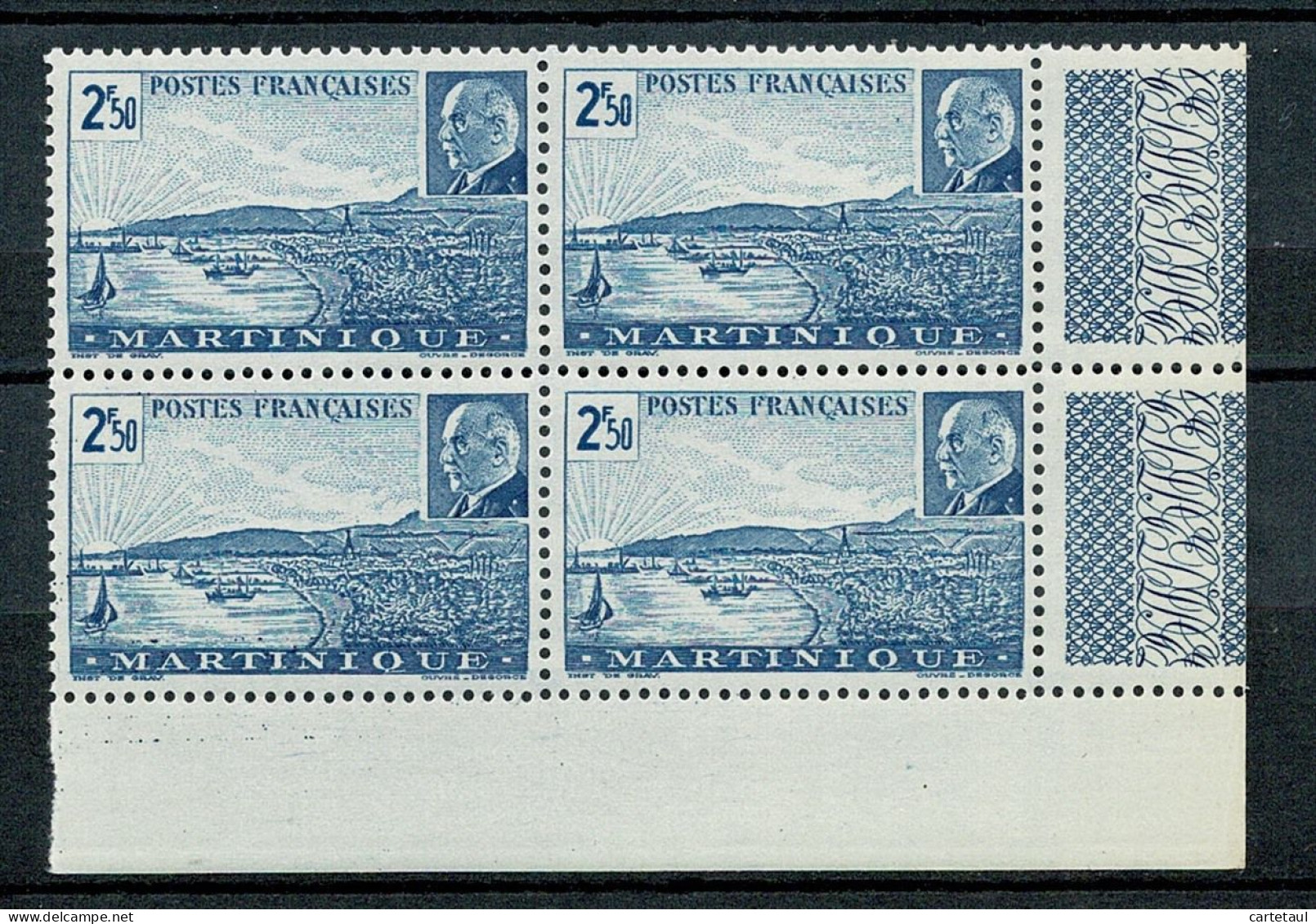 MARTINIQUE  1941 Maréchal Pétain  2F50 Bloc De 4 Coin De Feuille ** Sans Charnière  2 Scan - Neufs