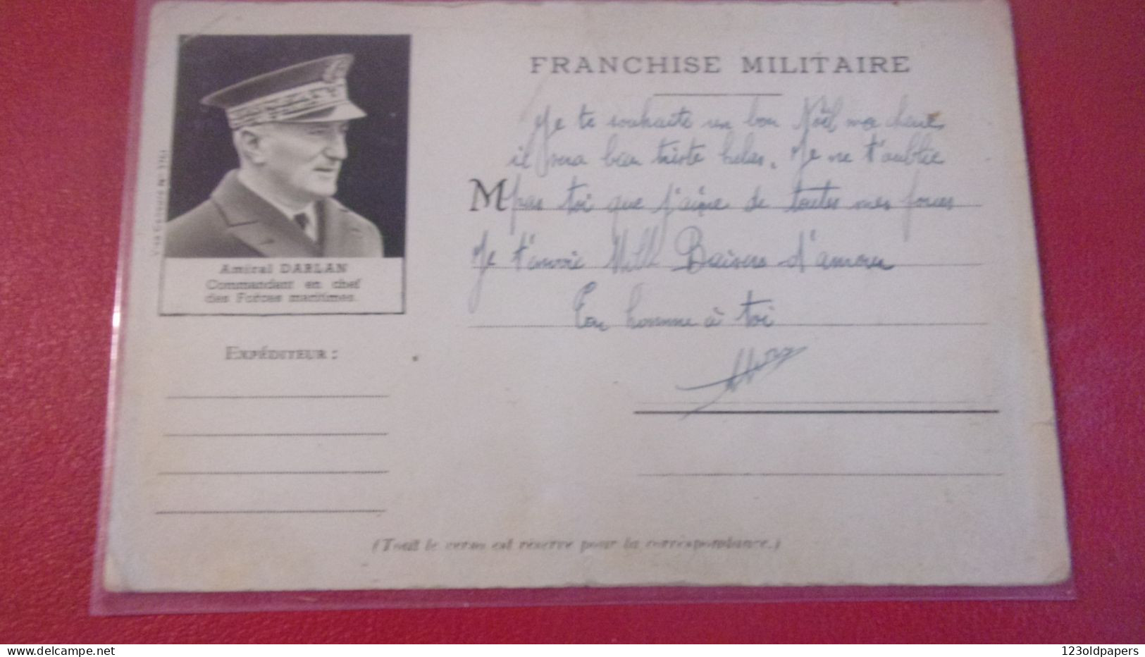 CARTE DE FRANCHISE MILITAIRE Illustrée AMIRAL DARLAN COMMANDANT EN CHEF DES FORCES MARITIMES - Storia Postale