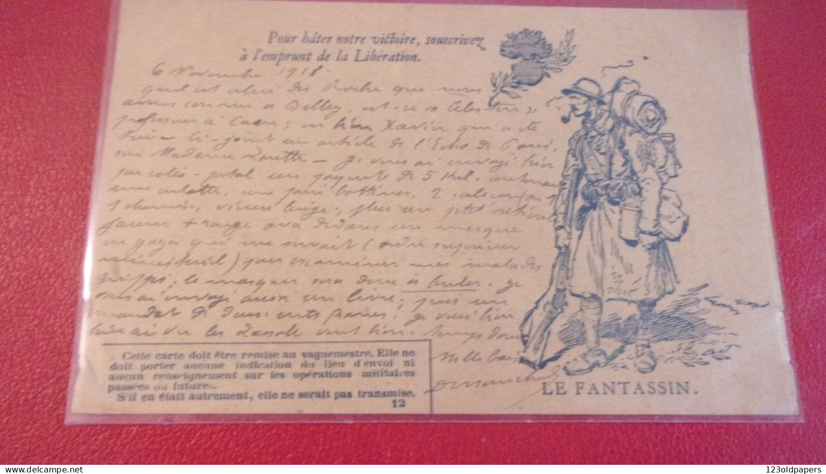 WWI CARTE DE FRANCHISE MILITAIRE Illustrée LE FANTASSIN 6 NOV 1918 - Lettres & Documents