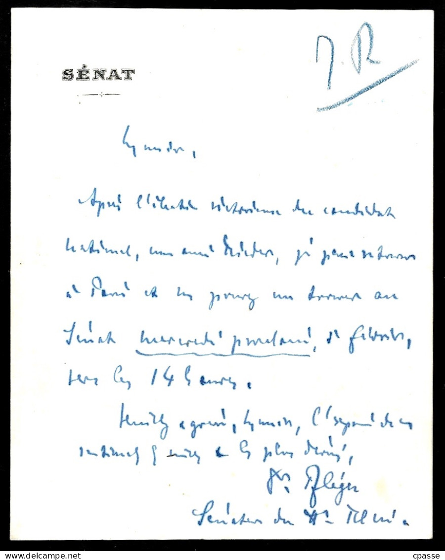 SENAT - Courrier Autographe De JOSEPH PFLEGER Sénateur Du Haut-Rhin (68) De 1929 à 1935 - Politiques & Militaires