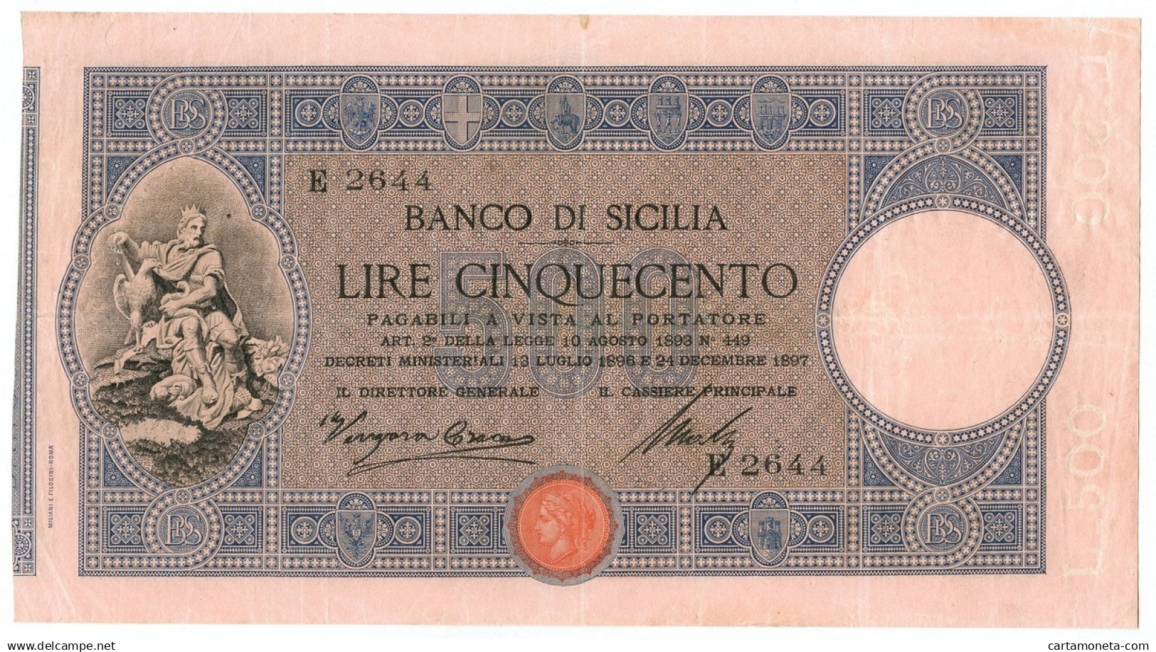 500 LIRE BANCO DI SICILIA BIGLIETTO AL PORTATORE REGNO UMBERTO I 24/12/1897 QBB - Sonstige & Ohne Zuordnung