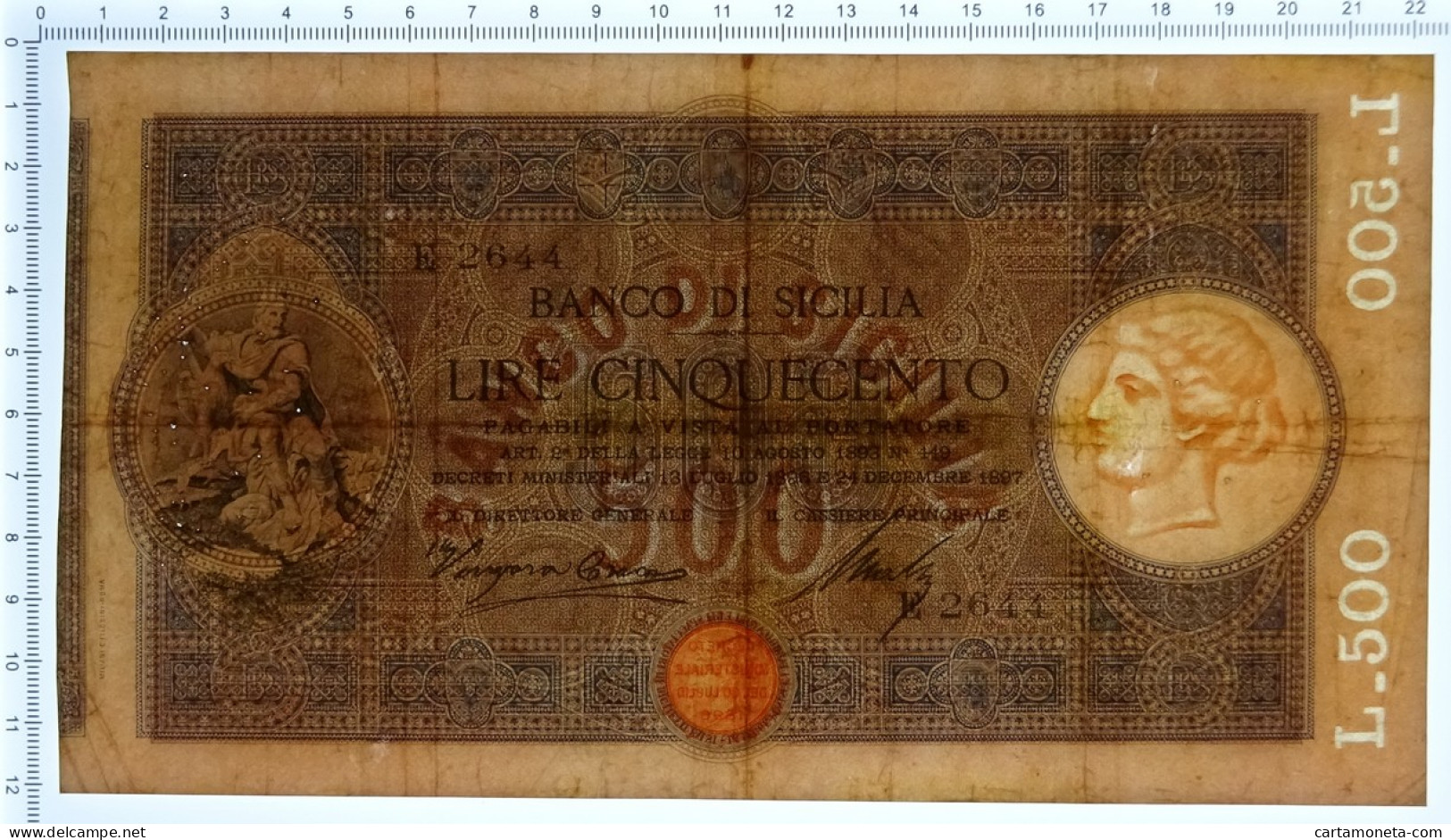 500 LIRE BANCO DI SICILIA BIGLIETTO AL PORTATORE REGNO UMBERTO I 24/12/1897 QBB - Sonstige & Ohne Zuordnung