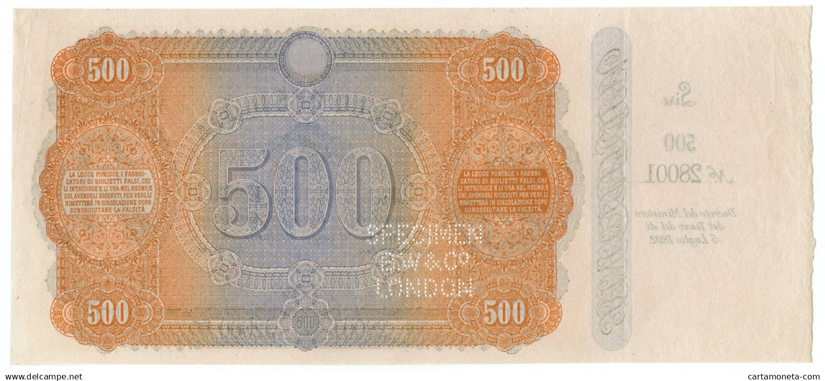 500 LIRE CAMPIONE CON MATRICE SPECIMEN BANCO SICILIA B. AL PORTATORE 1892 SUP- - Autres & Non Classés