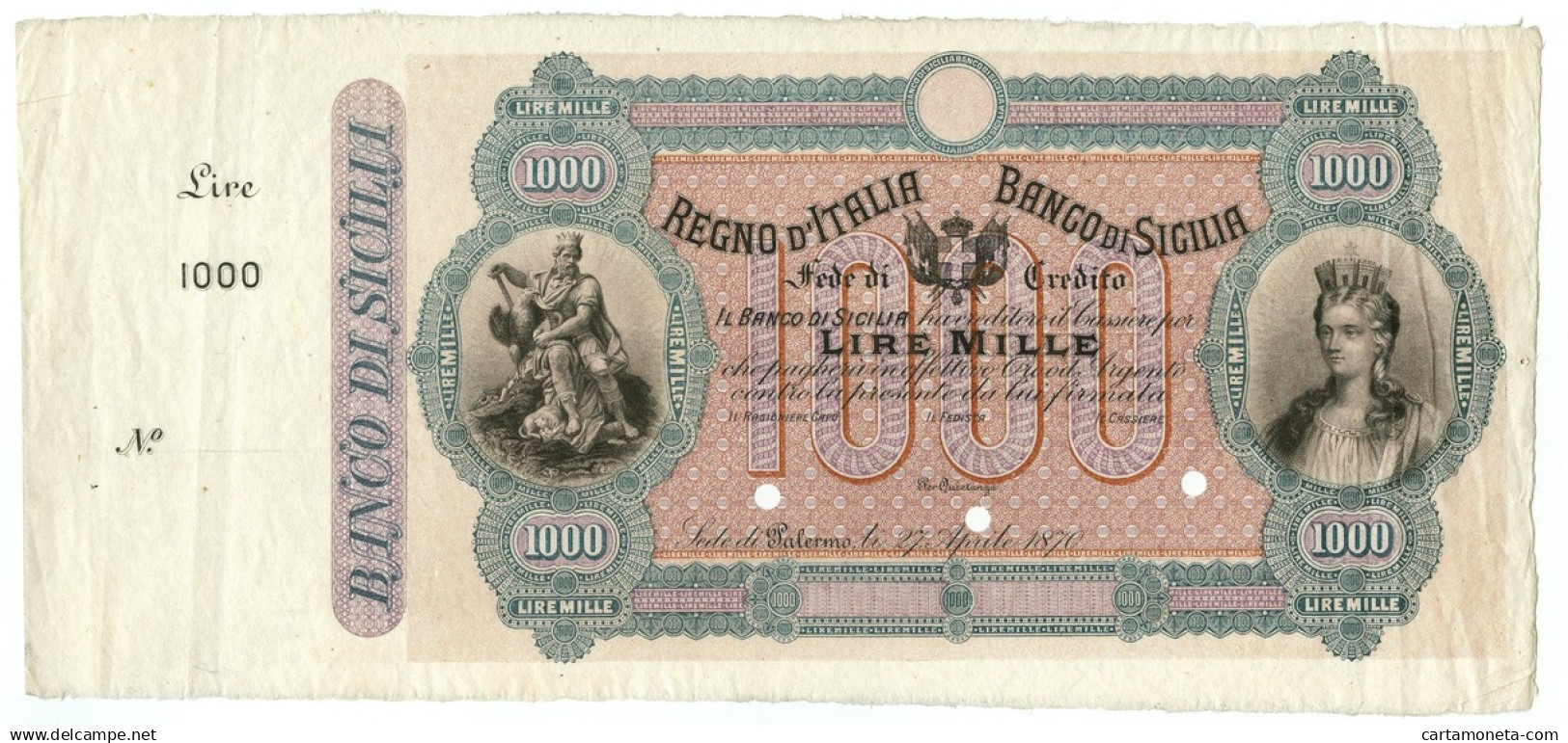 1000 LIRE CAMPIONE CON MATRICE SPECIMEN BANCO SICILIA FEDE DI CREDITO 1870 SPL- - Autres & Non Classés