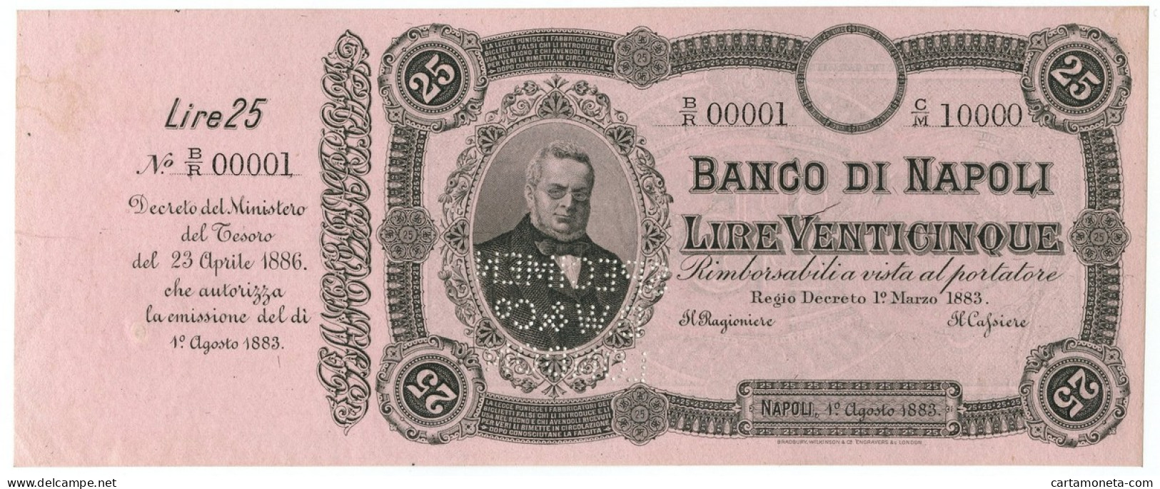 25 LIRE CAMPIONE CON MATRICE BANCO NAPOLI BIGLIETTO PORTATORE CAVOUR 1883 SUP+ - Sonstige & Ohne Zuordnung