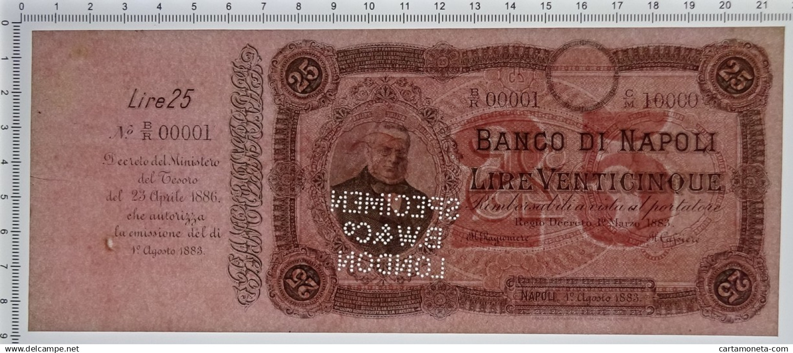 25 LIRE CAMPIONE CON MATRICE BANCO NAPOLI BIGLIETTO PORTATORE CAVOUR 1883 SUP+ - Other & Unclassified