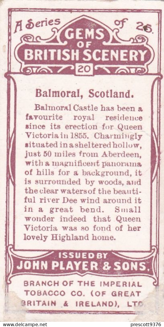 Gems Of British Scenery 1917 - Players Cigarette Cards -  20 Balmoral Scotland - Player's