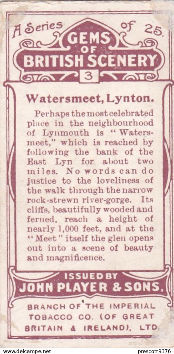 Gems Of British Scenery 1917 - Players Cigarette Cards -  3 Watersmeet Lynton, Devon - Player's