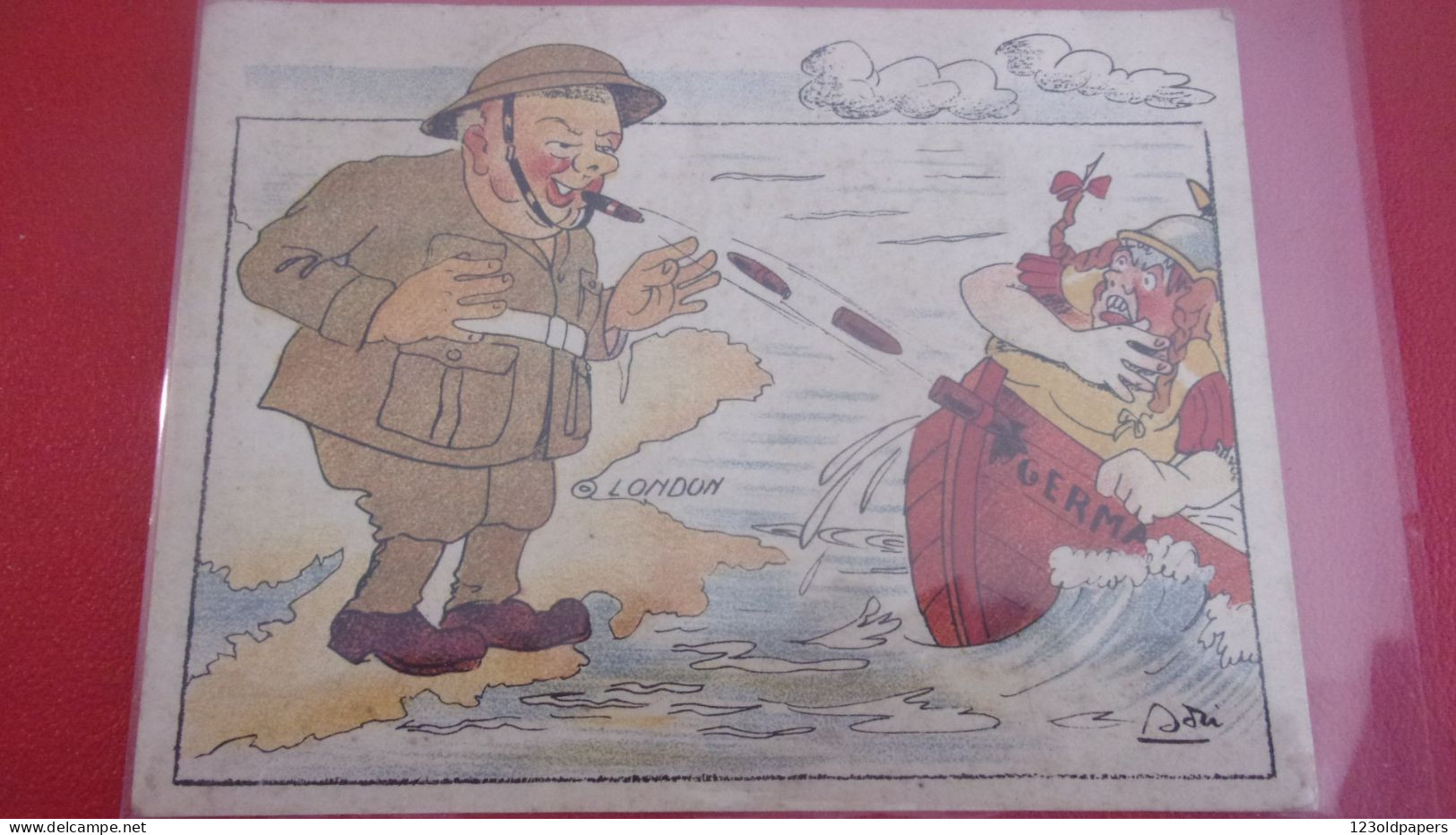 WWII  Satirique  London Germany Churchill Faisant Couler Bateau Allemands Avec Ses Cigares ILLUSTRATEUR - Guerra 1939-45