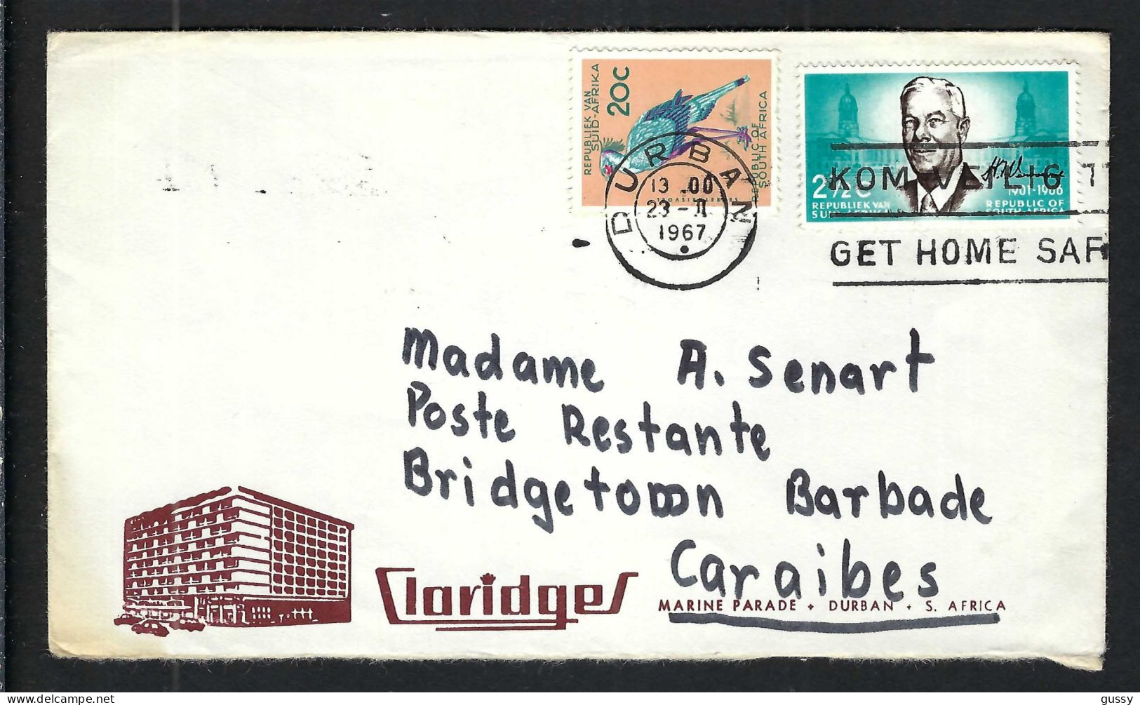 AFRIQUE DU SUD 1967: LSC De DURBAN Pour BRIDGETOWN (Barbade) - Lettres & Documents