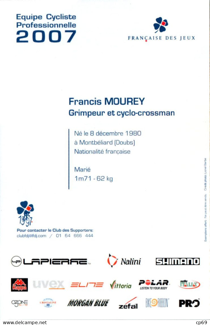 Carte Cyclisme Cycling サイクリング Format Cpm Equipe Cyclisme Pro Française Des Jeux 2007 Francis Mourey France Sup.Etat - Cyclisme