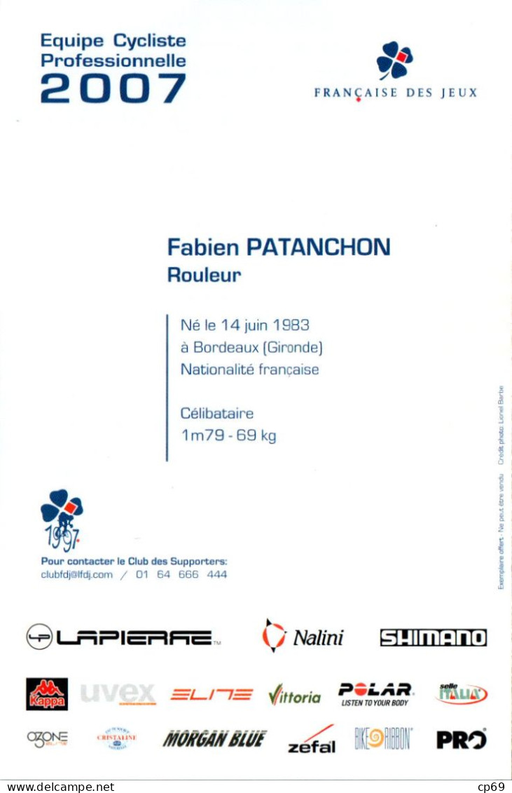 Carte Cyclisme Cycling サイクリング Format Cpm Equipe Cyclisme Pro Française Des Jeux 2007 Fabien Patanchon France Sup.Etat - Ciclismo