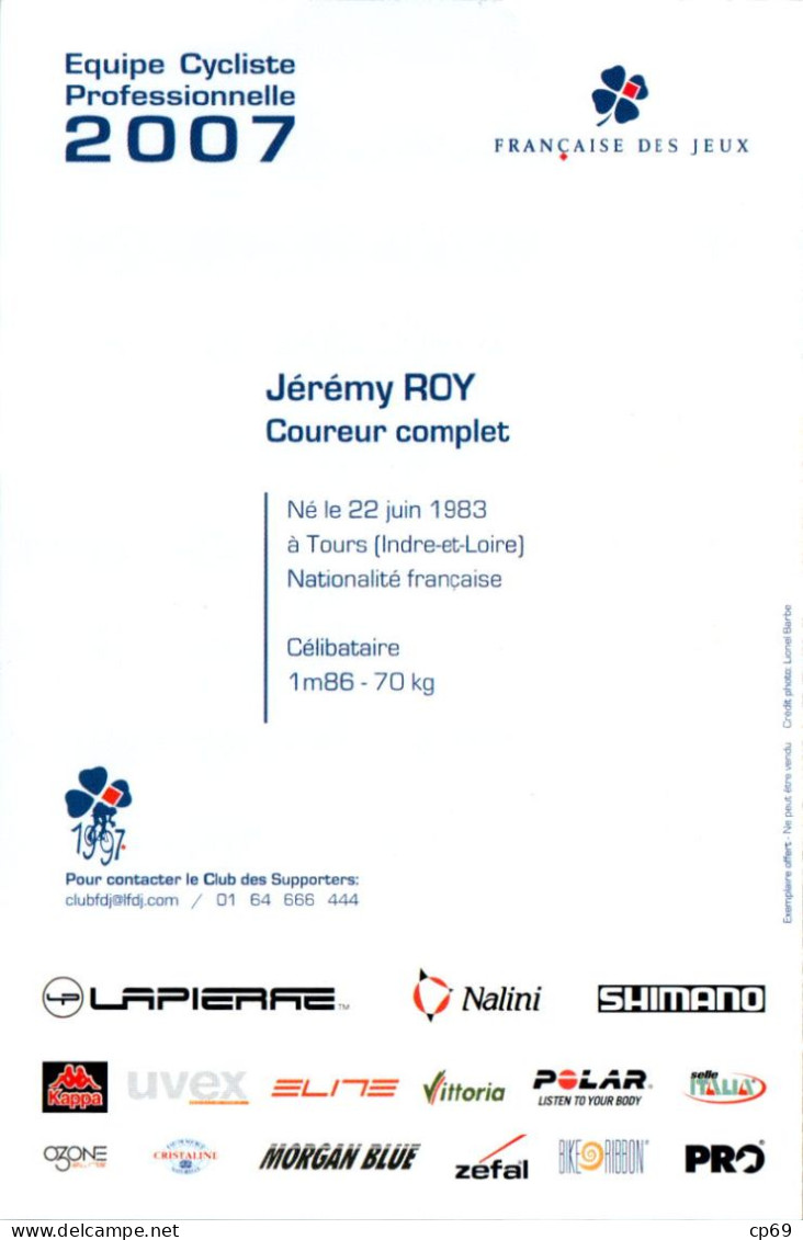 Carte Cyclisme Cycling サイクリング Format Cpm Equipe Cyclisme Pro Française Des Jeux 2007 Jérémy Roy France Sup.Etat - Radsport