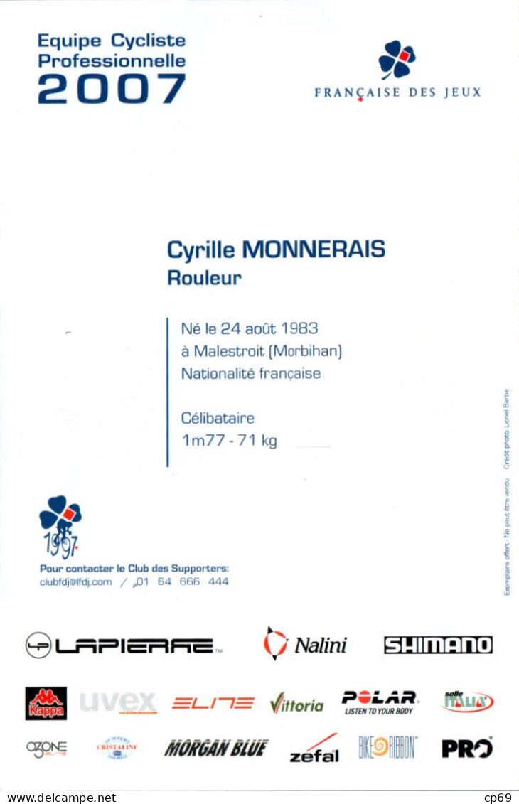 Carte Cyclisme Cycling サイクリング Format Cpm Equipe Cyclisme Pro Française Des Jeux 2007 Cyrille Monnerais France Sup.Etat - Wielrennen