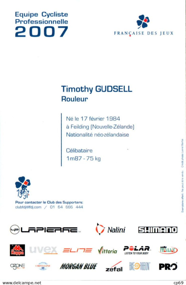 Carte Cyclisme Cycling サイクリング Format Cpm Equipe Cyclisme Pro Française Des Jeux 2007 Timothy Gudsell Nouvelle-Zélande - Cyclisme