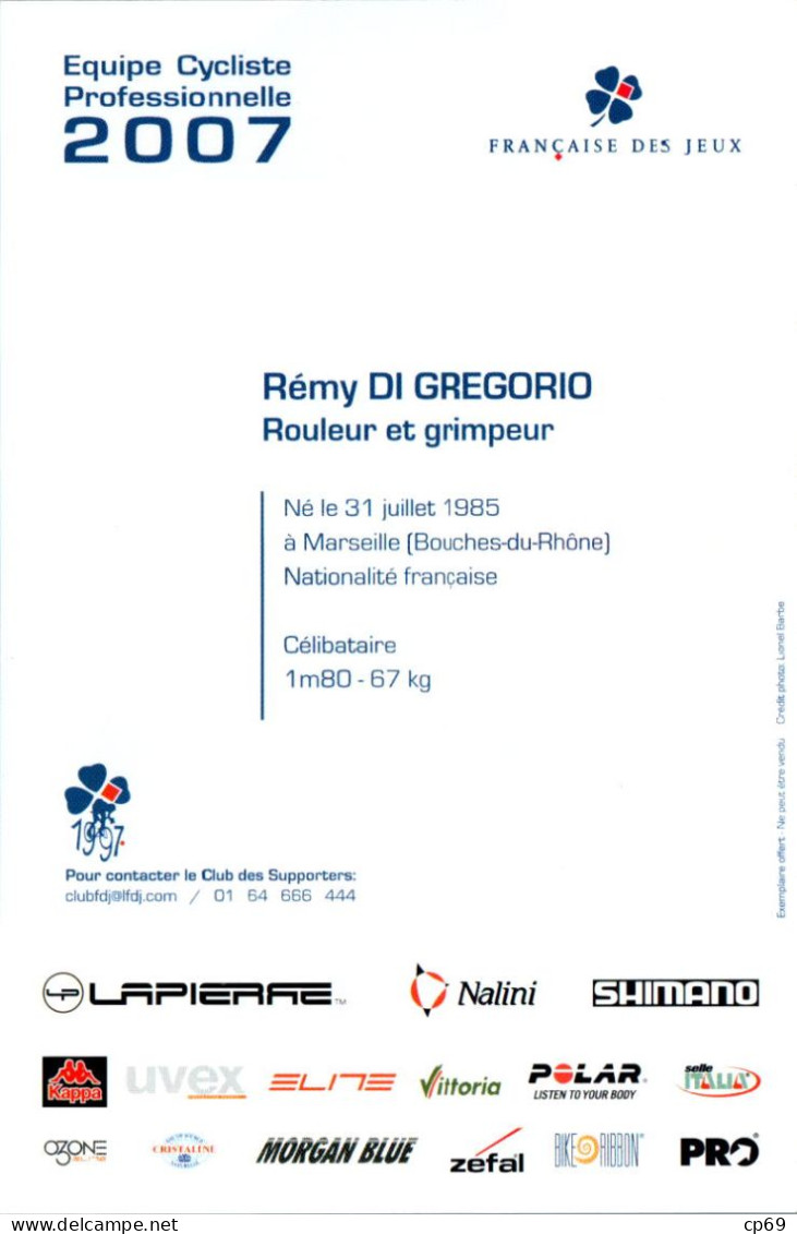 Carte Cyclisme Cycling サイクリング Format Cpm Equipe Cyclisme Pro Française Des Jeux 2007 Rémy Di Gregorio France Superbe.E - Wielrennen