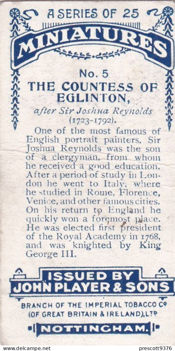 Miniatures 1923 - Players Cigarette Cards - 5 Countess Eglinton, Josiah Reynolds - Player's