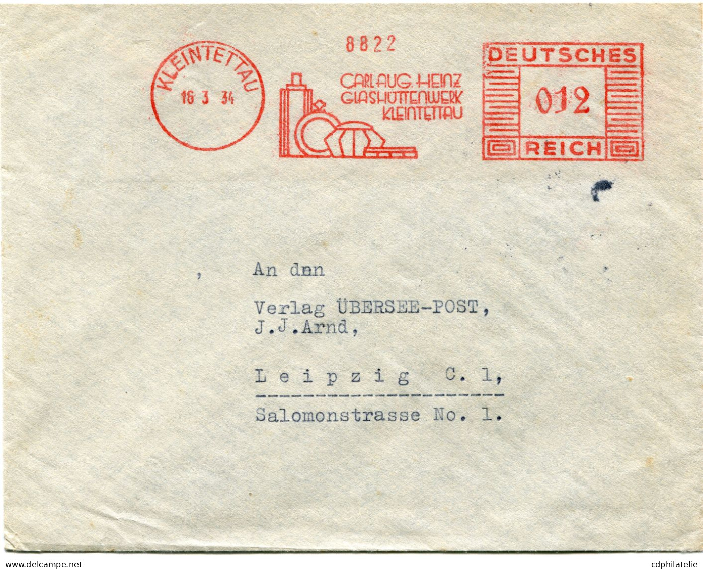 ALLEMAGNE LETTRE AVEC OBLITERATION MECANIQUE DEPART KLEINTETTAU 16-3-34 POUR L'ALLEMAGNE - Verres & Vitraux