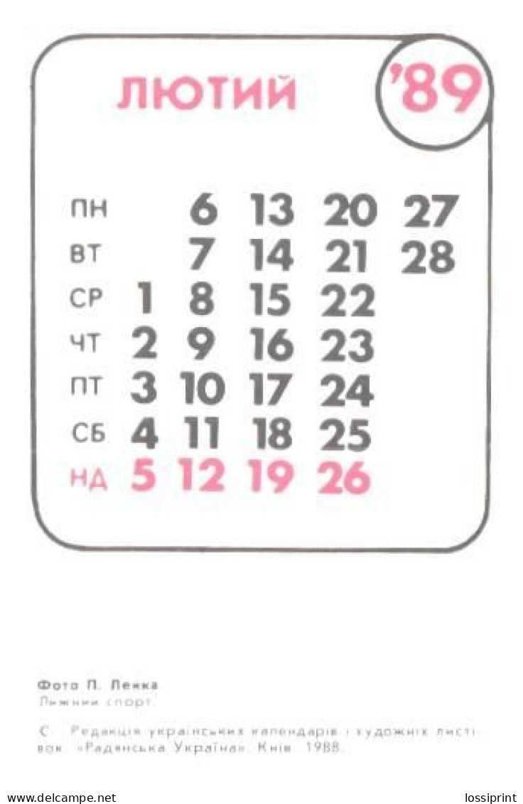 Pocket Calendar, Ukraine, Sport Calendar, Skiing, 1989 - Small : 1981-90