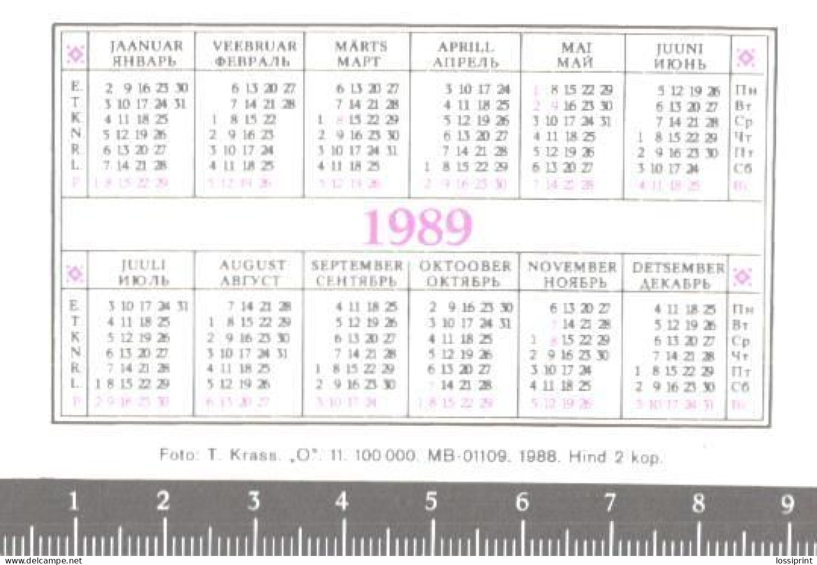 Pocket Calendar, Estonia:Tallinn Airport, 1989 - Small : 1981-90