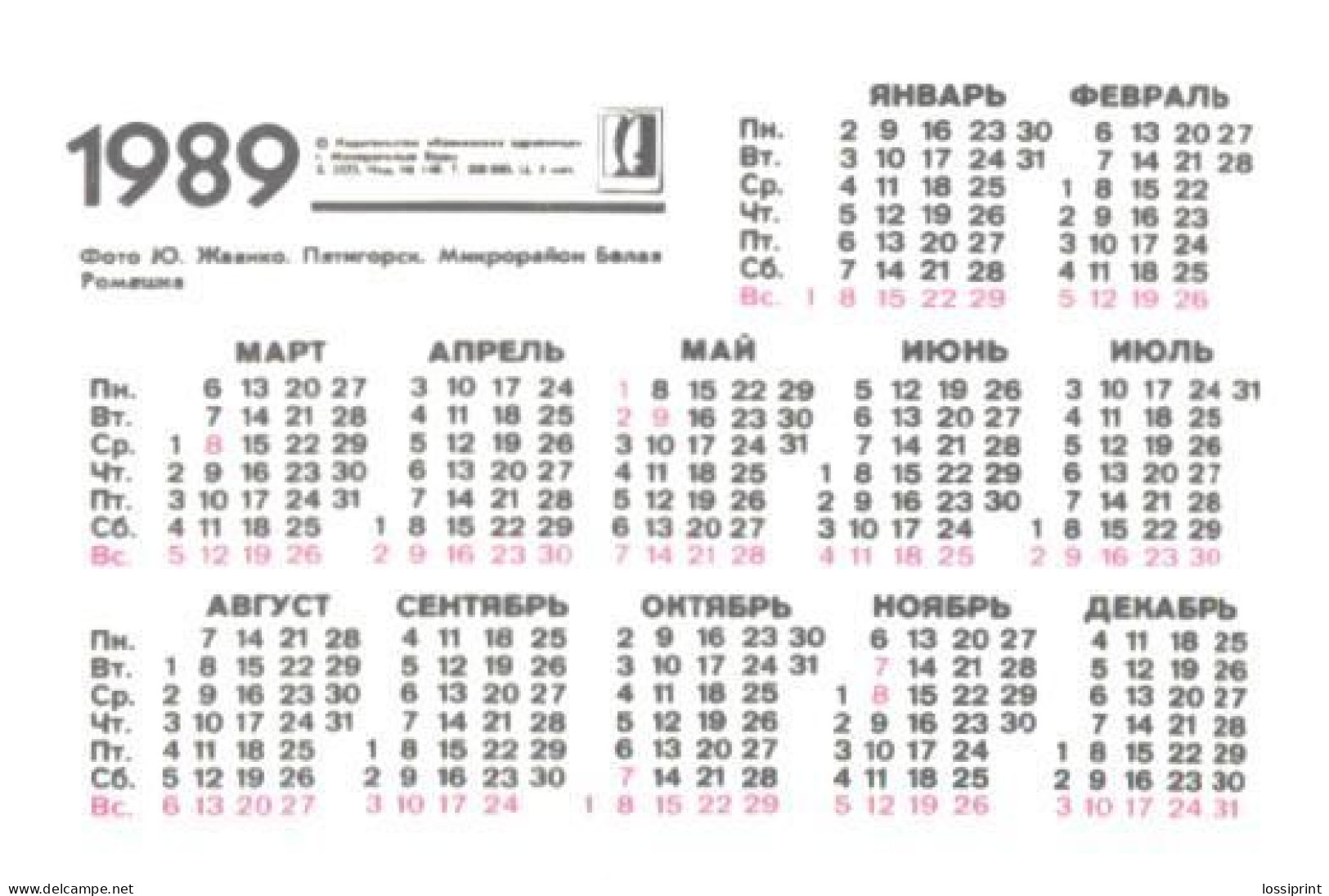 Pocket Calendar, Russia:Pjatigorsk, New Buildings, 1989 - Small : 1981-90