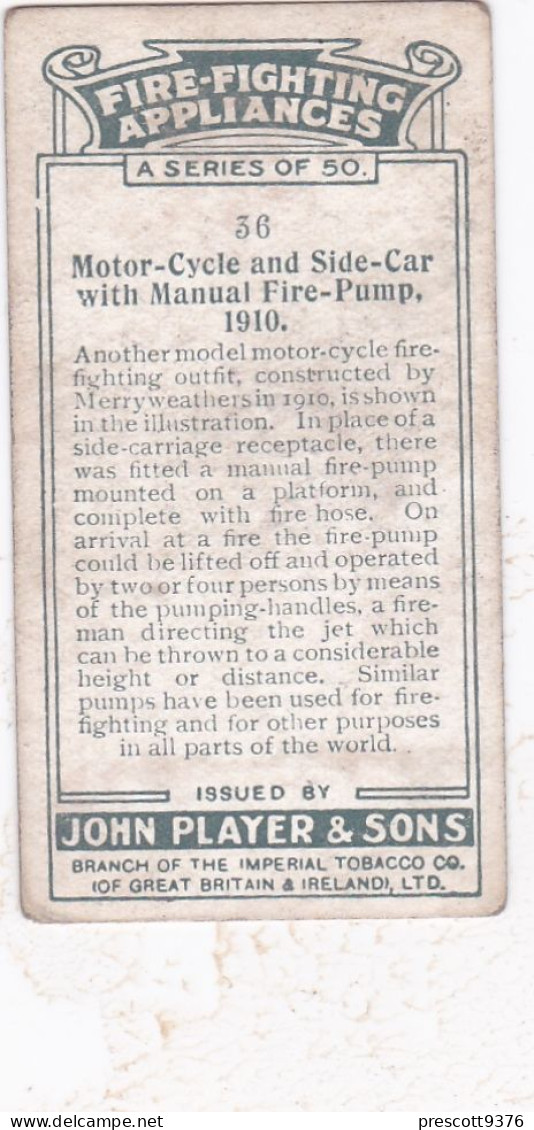 Fire Fighting Appliances 1929 - Players Cigarette Cards - 36 Motor Cycle Fire Pump 1910 - Player's