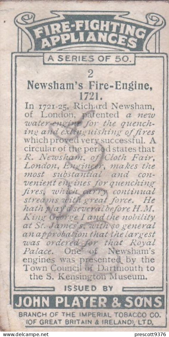 Fire Fighting Appliances 1929 - Players Cigarette Cards - 2 Newsham Fire Engine 1721 - Player's