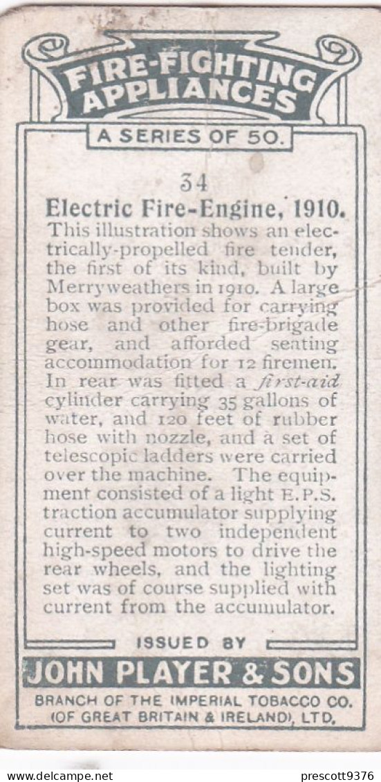 Fire Fighting Appliances 1929 - Players Cigarette Cards - 34 Electric Fire Engine 1910 - Player's