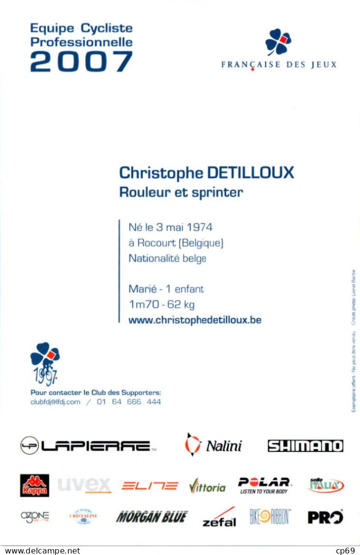 Carte Cyclisme Cycling サイクリング Format Cpm Equipe Cyclisme Pro Française Des Jeux 2007 Christophe Detilloux Belge Sup.Etat - Ciclismo