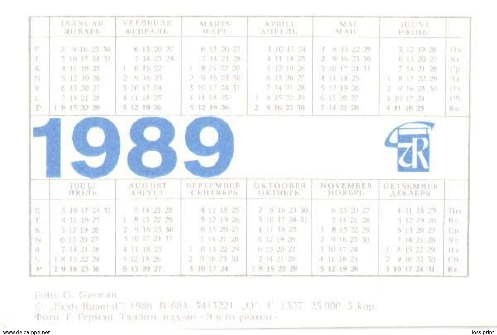 Pocket Calendar, Estonia:Tallinn, Building, 1989 - Small : 1981-90
