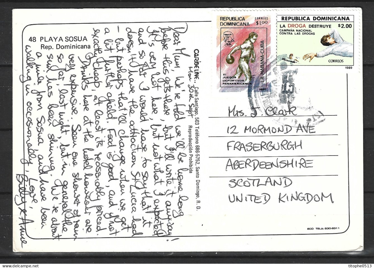 DOMINICAINE. N°1055G De 1989 Sur Carte Postale. Lutte Contre Le Drogue. - Drogen