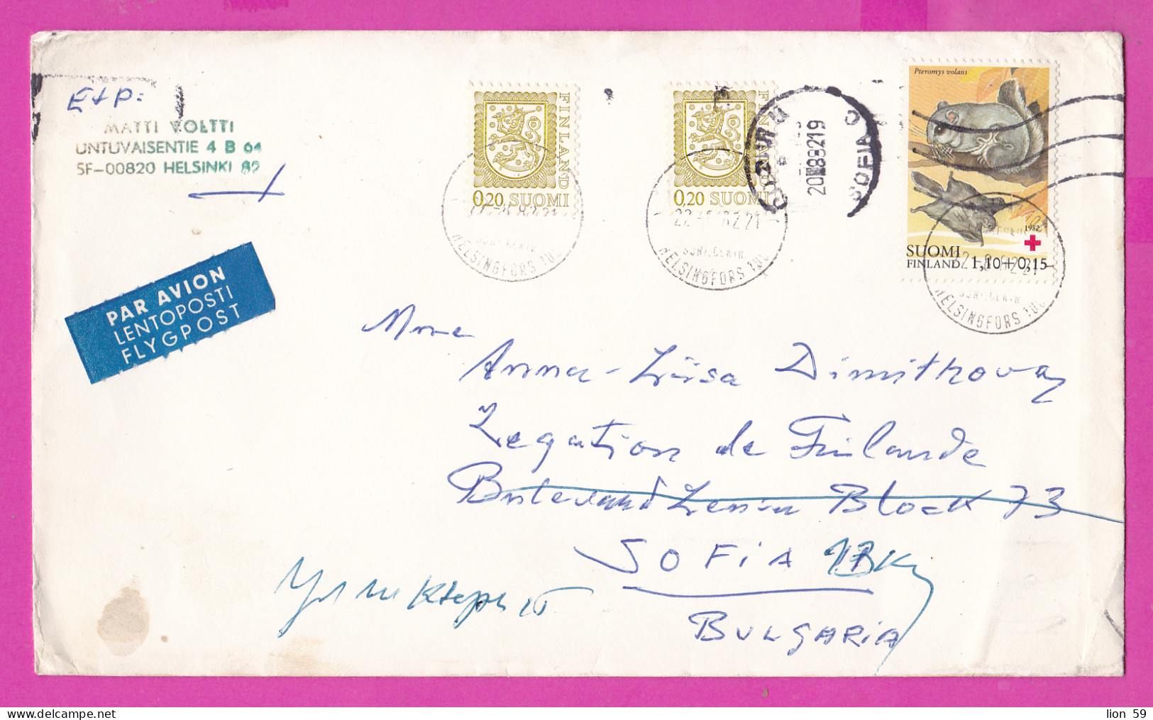 274768 / Suomi Finland Cover Helsinki - 0.20+0.20+1.10+0.15 Red Cross Charity - Endangered Animals Pteromys Volans Lion - Lettres & Documents