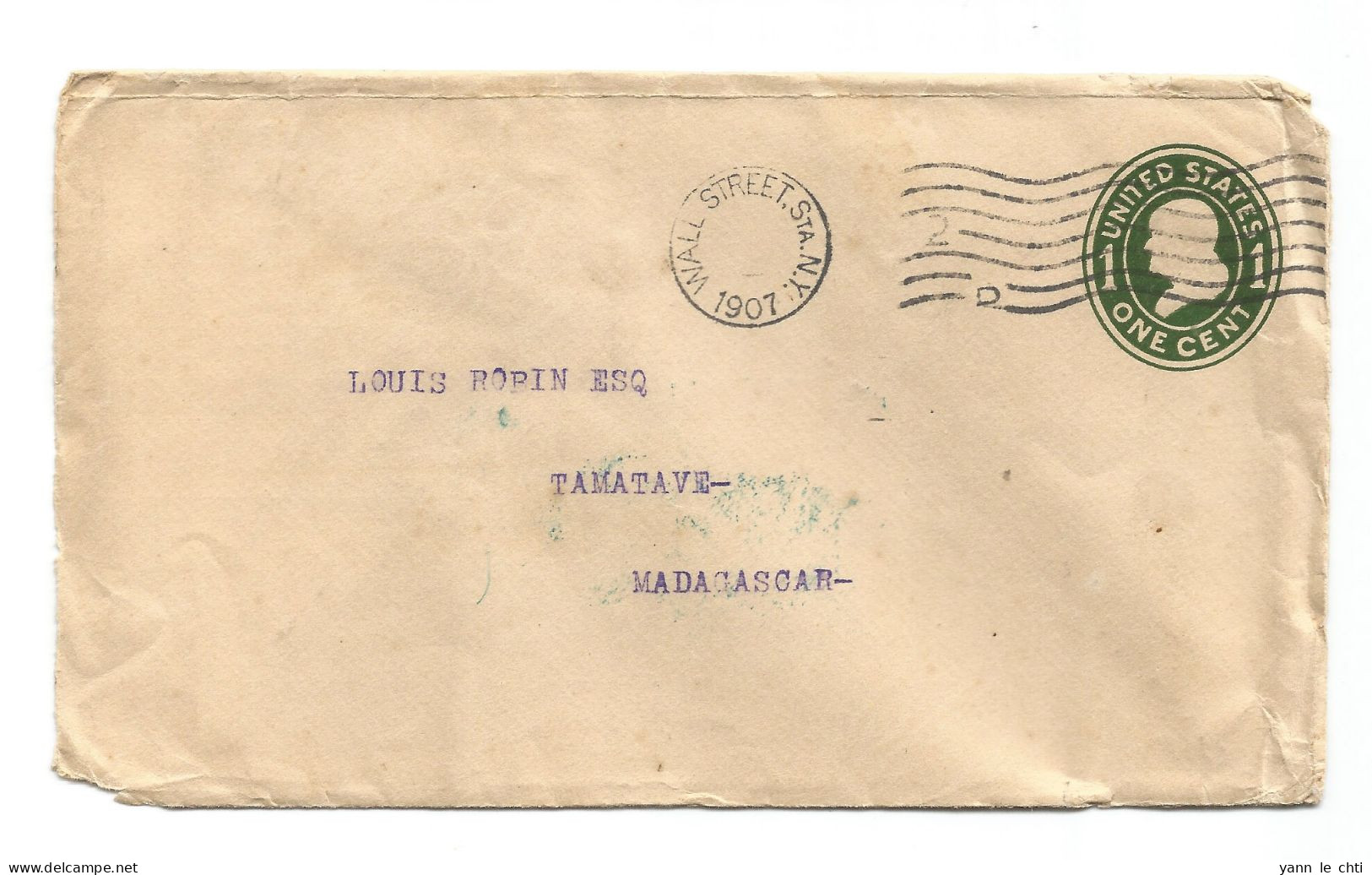 Enveloppe Cover 1907 Wall Street New York USA Vers Tamatave Toamasina  Madagascar - 1901-20