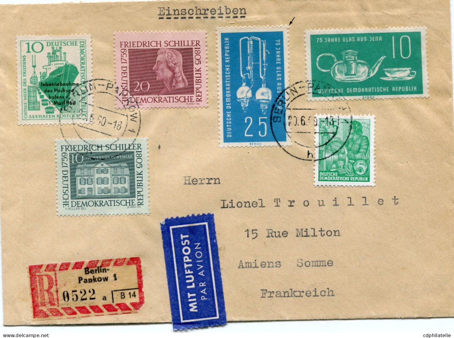 ALLEMAGNE ORIENTALE LETTRE RECOMMANDEE PAR AVION DEPART BERLIN - PARKOW 20-6-60 POUR LA FRANCE - Verres & Vitraux