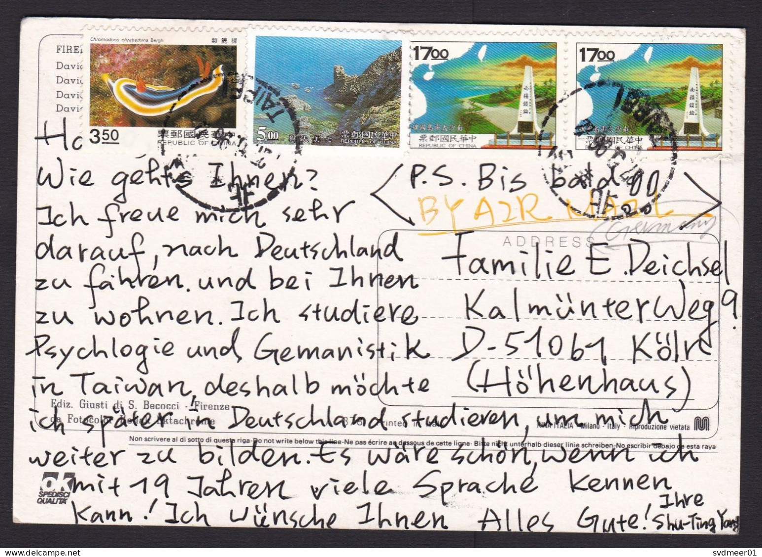 Taiwan: Picture Postcard To Germany, 1996, 4 Stamps, Sea Slug Animal, Coast, Rock Cliff, Monument (minor Crease) - Briefe U. Dokumente