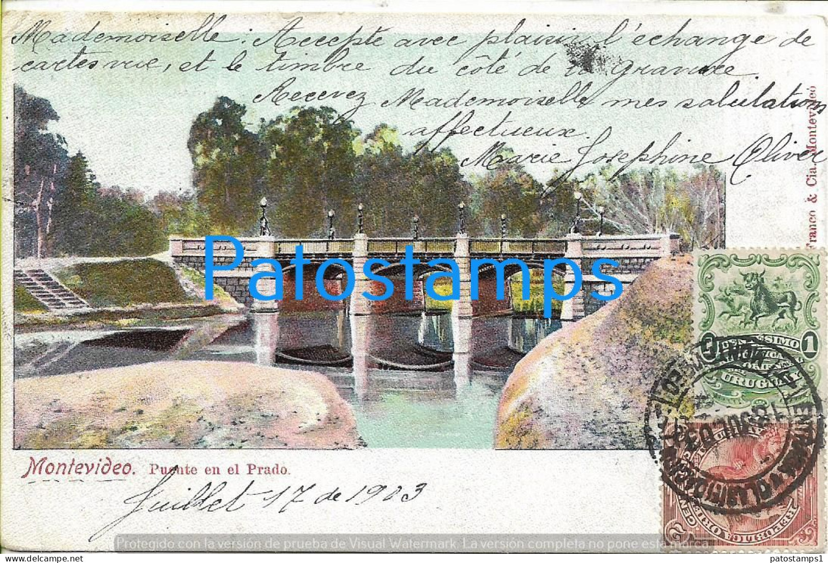 212118 URUGUAY MONTEVIDEO BRIDGE PUENTE EN EL PRADO CIRCULATED TO FRANCE POSTAL POSTCARD - Uruguay