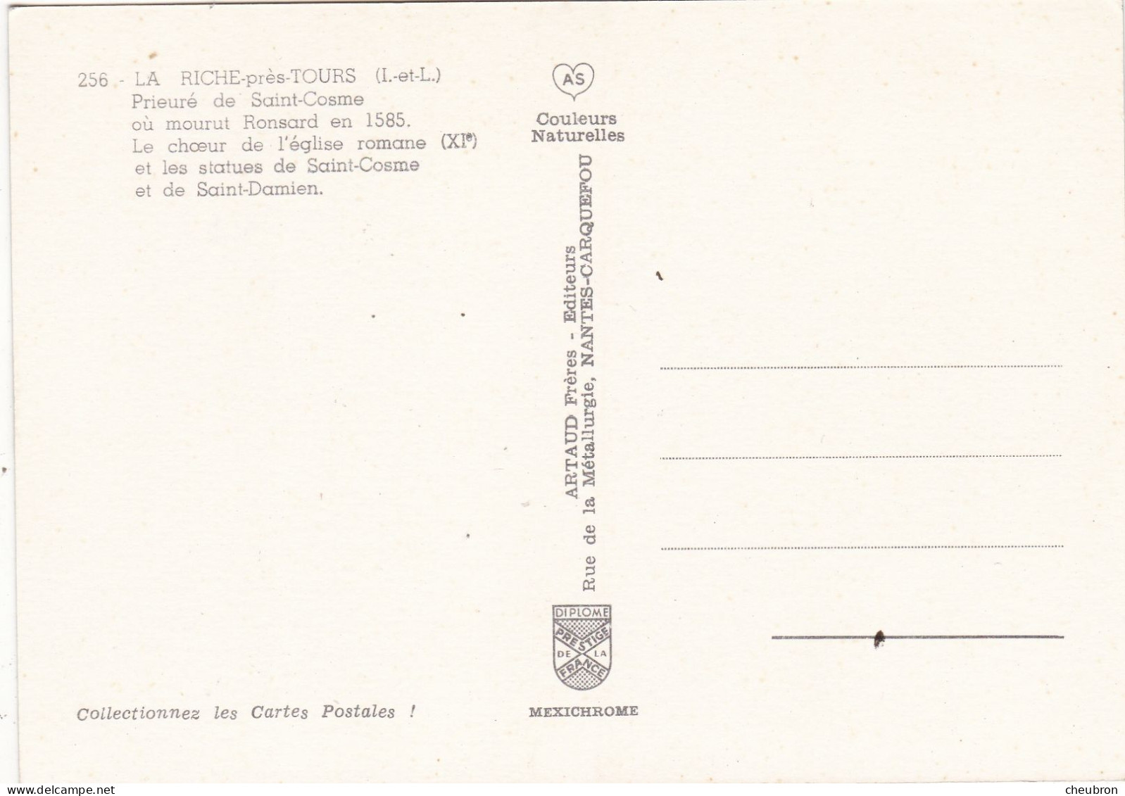 37. LA RICHE . LOT DE 4 CARTES  ." PRIEURE DE ST- CÔME ". LIEU ET TOMBEAU DU POÈTE RONSARD - La Riche