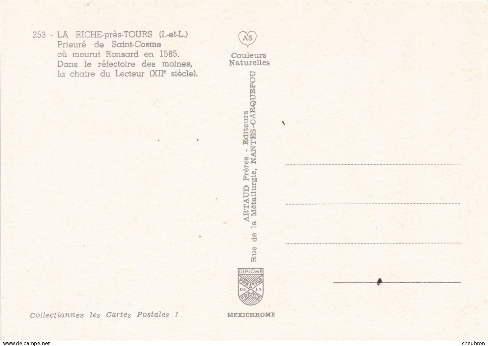 37. LA RICHE . LOT DE 4 CARTES  ." PRIEURE DE ST- CÔME ". LIEU ET TOMBEAU DU POÈTE RONSARD